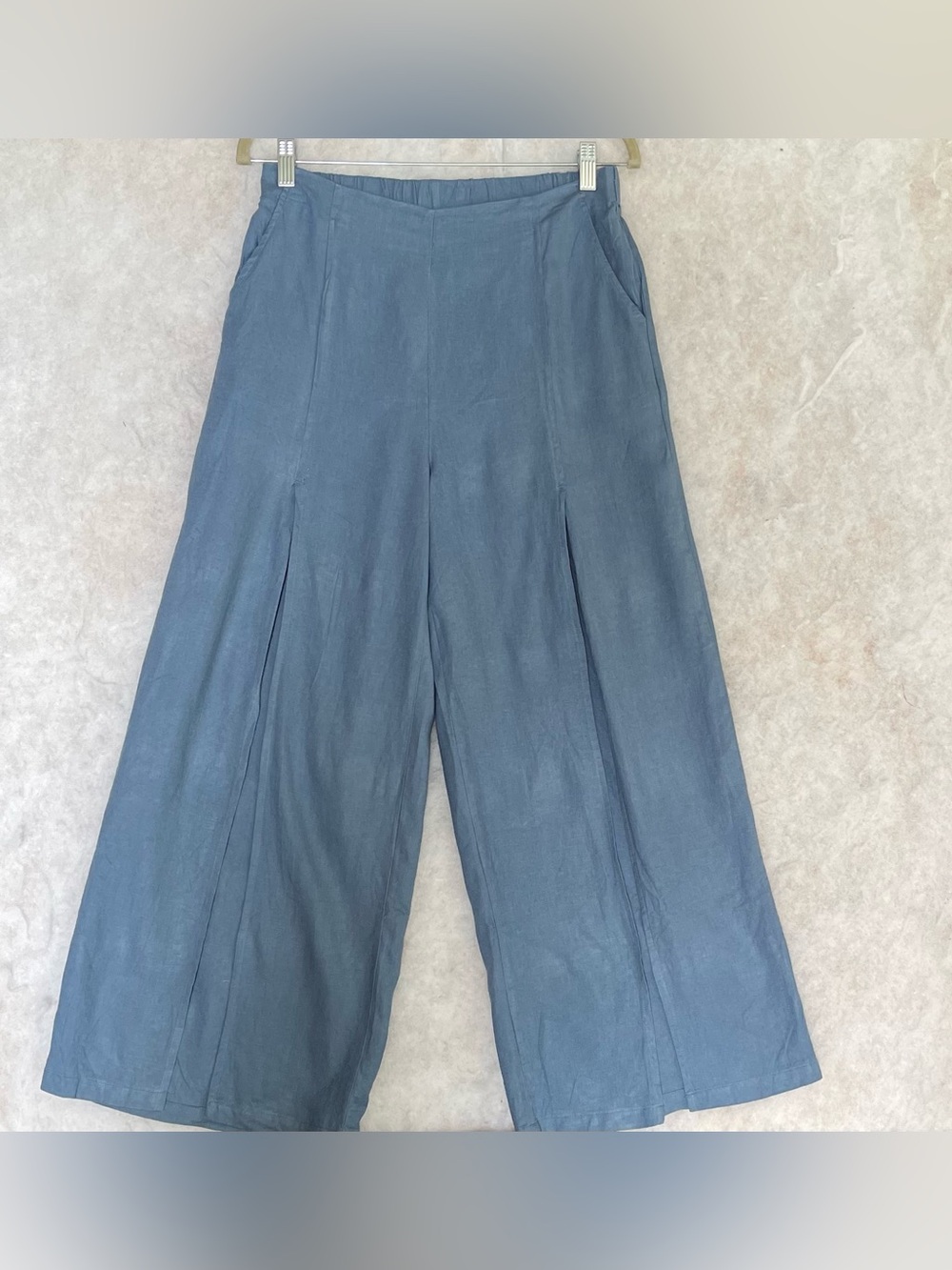 HG Blue High Rise Wide Leg Linen Pants Split Front (SKU688)